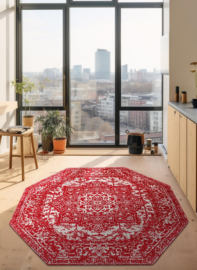 Red 5' 3 x 5' 3 Richmond Octagon Area Rug Vintage Distressed Look Traditional Design Carpet for Unique Home Interior Design for Sale at Rug Engine