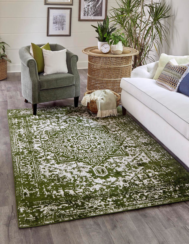 Green 7' 10 x 10' Richmond Rectangle Area Rug Vintage Distressed Look Traditional Design Carpet for Unique Home Interior Design for Sale at Rug Engine