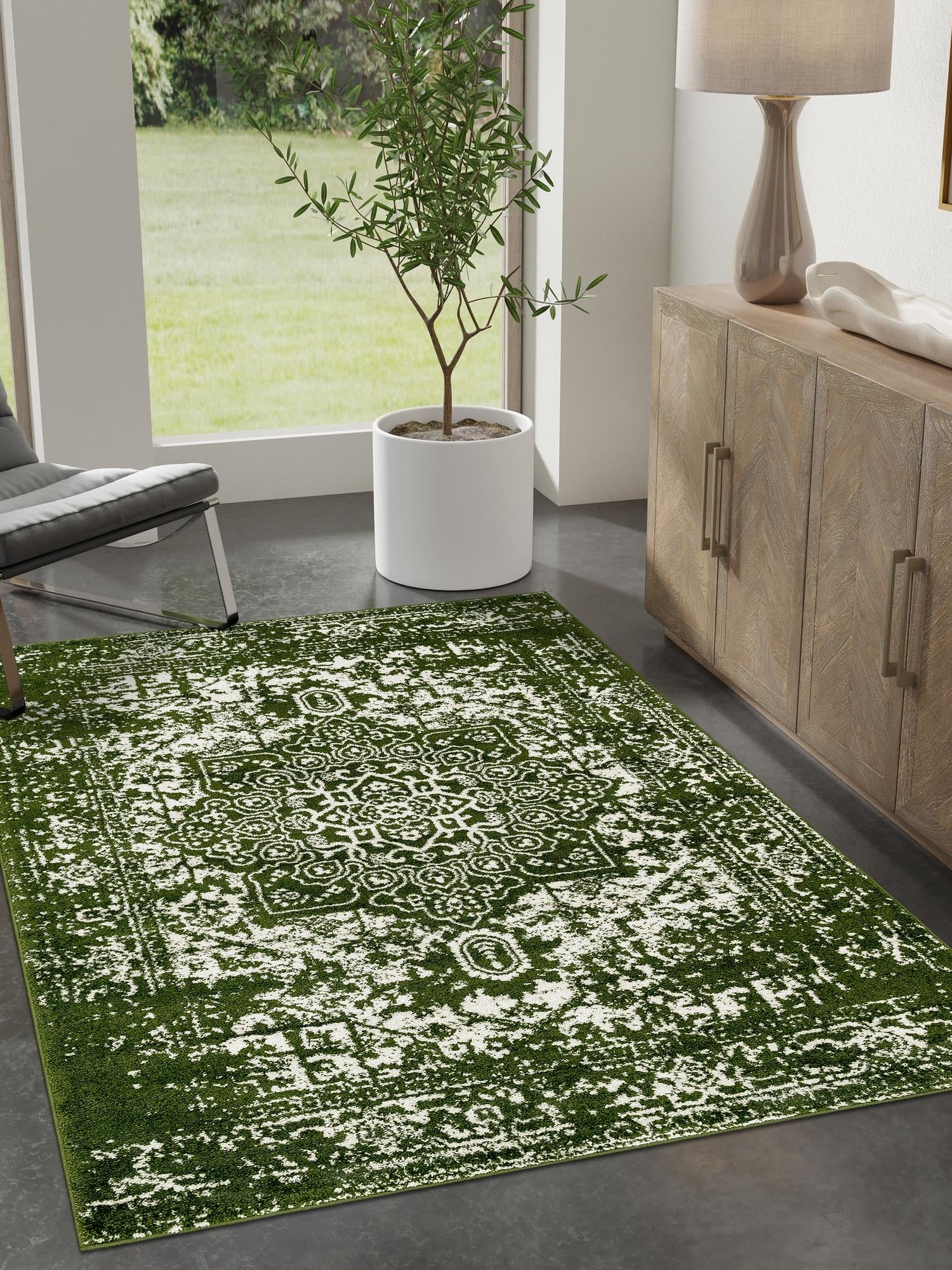 Green 9' x 12' Richmond Rectangle Area Rug Vintage Distressed Look Traditional Design Carpet for Unique Home Interior Design for Sale at Rug Engine