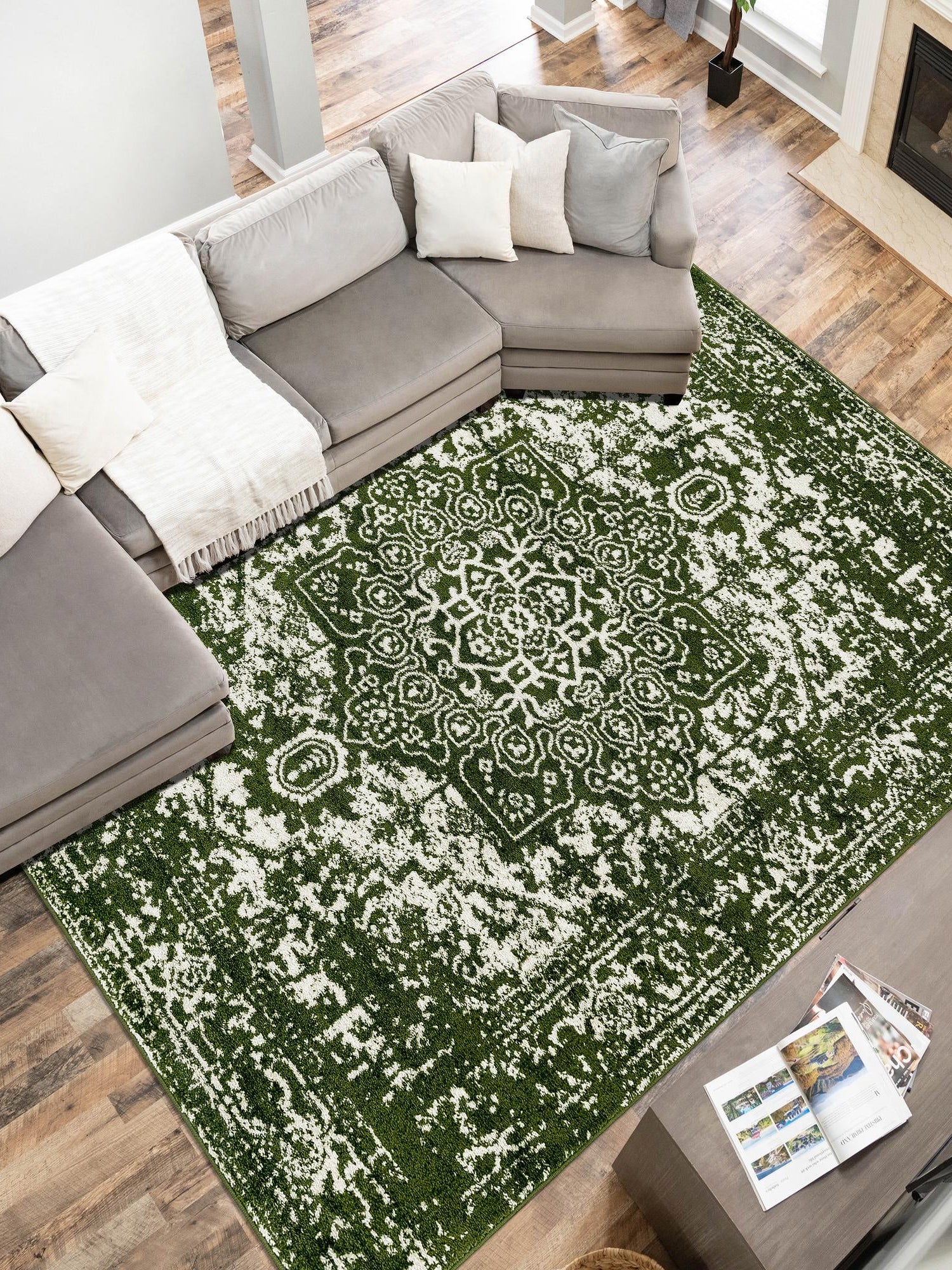 Green 9' x 12' Richmond Rectangle Area Rug Vintage Distressed Look Traditional Design Carpet for Unique Home Interior Design for Sale at Rug Engine