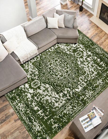 Green 7' 1 x 10' Richmond Rectangle Area Rug Vintage Distressed Look Traditional Design Carpet for Unique Home Interior Design for Sale at Rug Engine