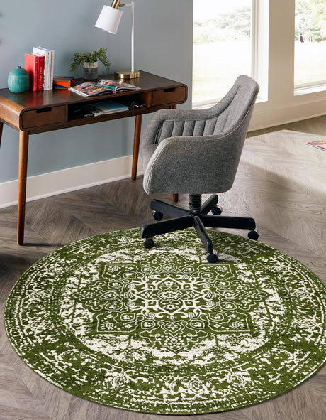 Green 10' x 10' Richmond Round Area Rug Vintage Distressed Look Traditional Design Carpet for Unique Home Interior Design for Sale at Rug Engine