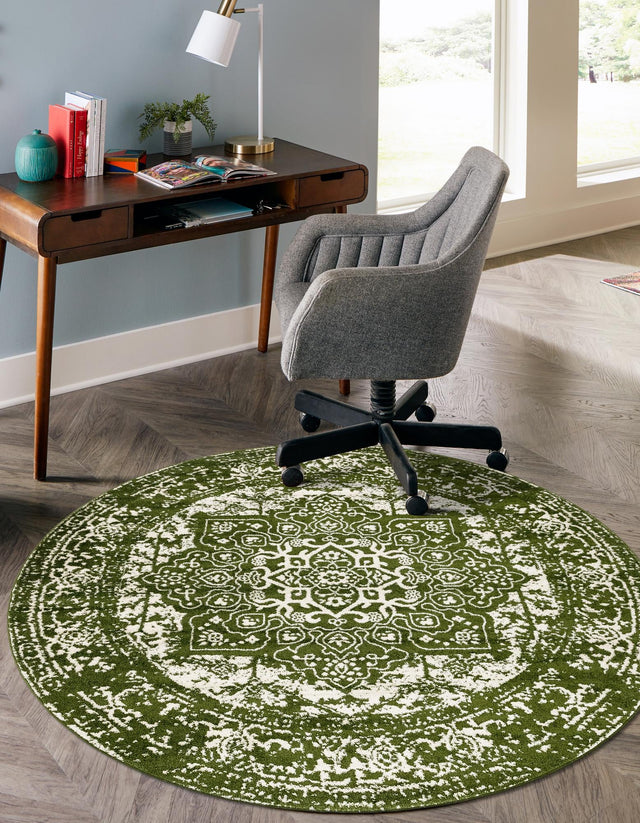 Green 10' x 10' Richmond Round Area Rug Vintage Distressed Look Traditional Design Carpet for Unique Home Interior Design for Sale at Rug Engine