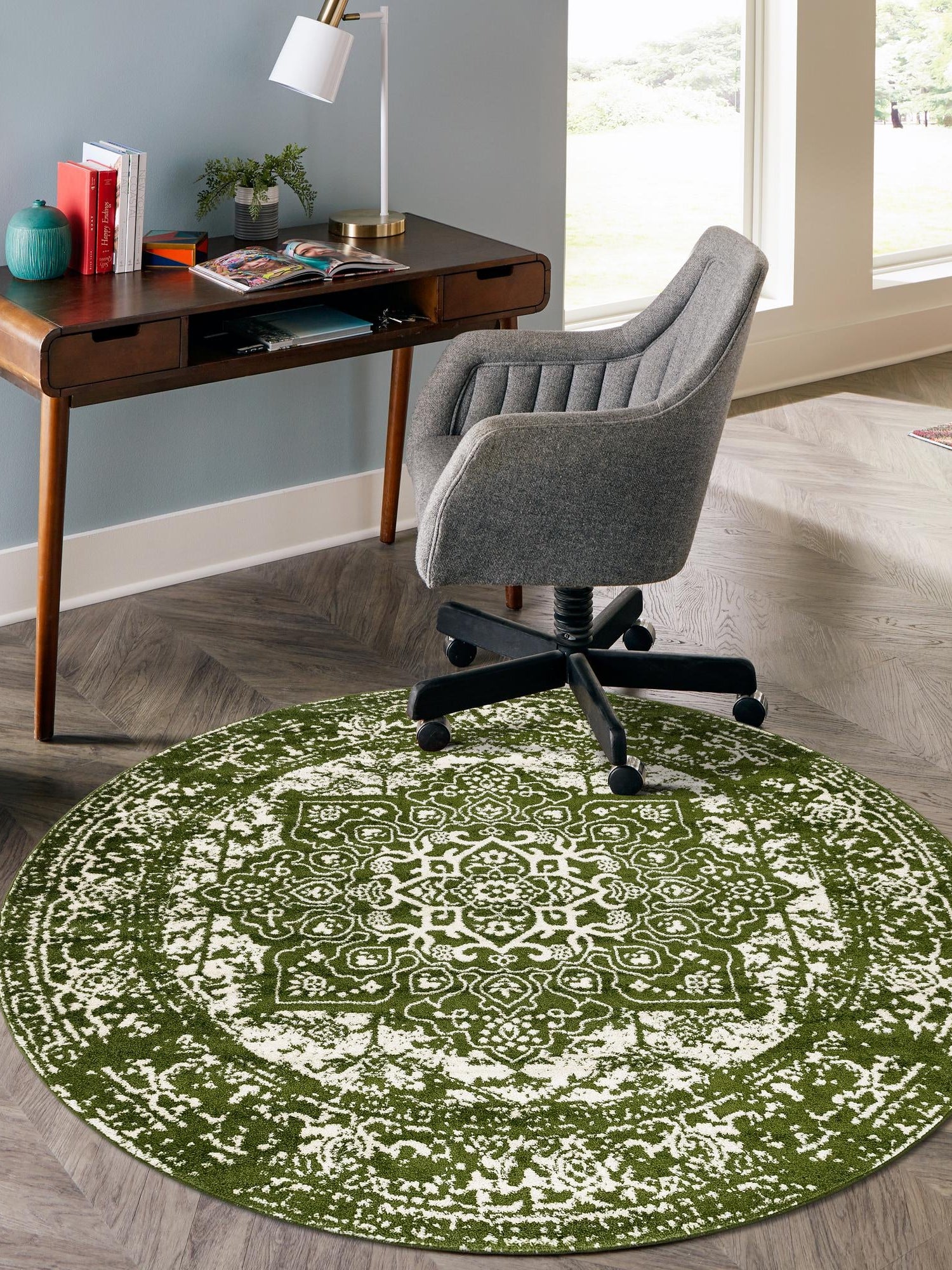 Green 7' 10 x 7' 10 Richmond Round Area Rug Vintage Distressed Look Traditional Design Carpet for Unique Home Interior Design for Sale at Rug Engine