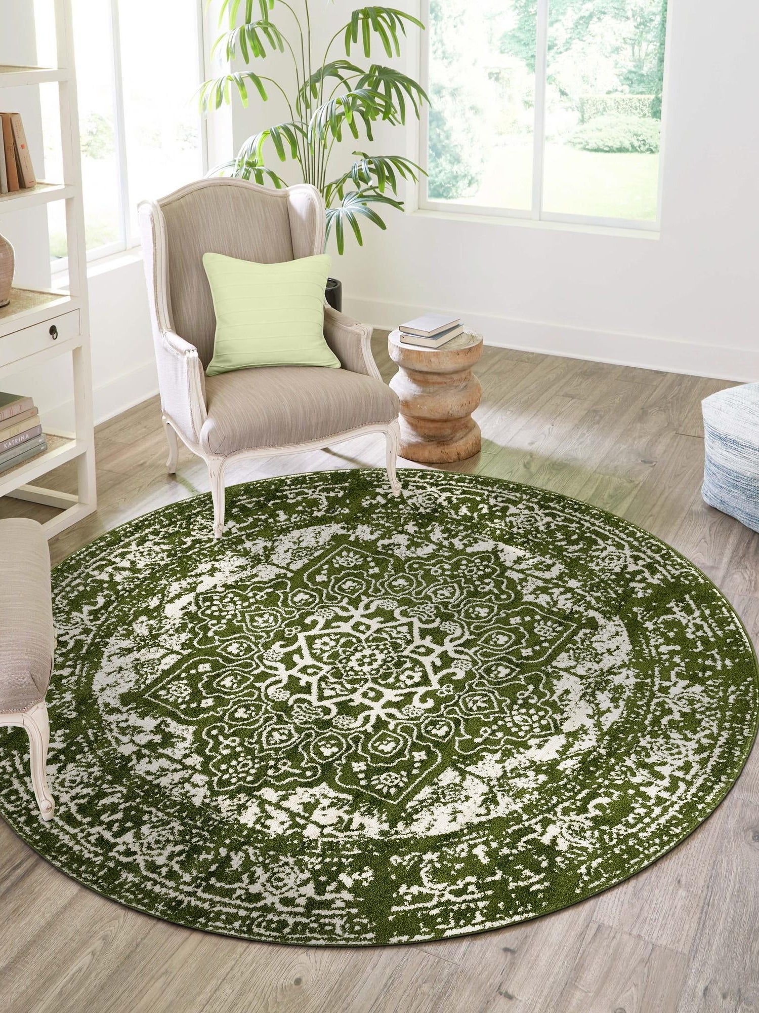 Green 7' 10 x 7' 10 Richmond Round Area Rug Vintage Distressed Look Traditional Design Carpet for Unique Home Interior Design for Sale at Rug Engine