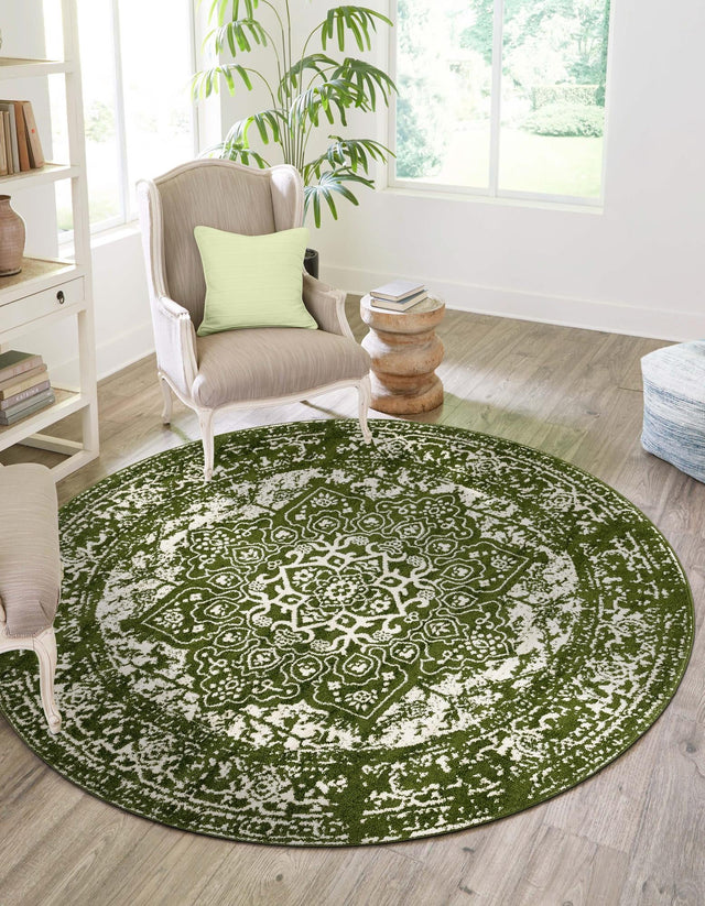 Green 10' x 10' Richmond Round Area Rug Vintage Distressed Look Traditional Design Carpet for Unique Home Interior Design for Sale at Rug Engine