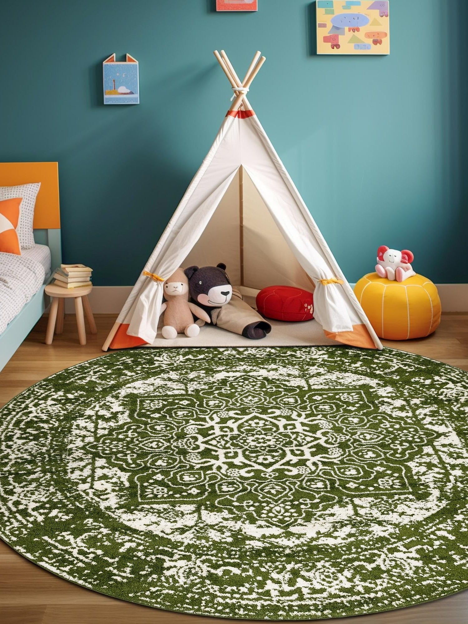 Green 10' x 10' Richmond Round Area Rug Vintage Distressed Look Traditional Design Carpet for Unique Home Interior Design for Sale at Rug Engine