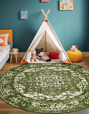 Green 10' x 10' Richmond Round Area Rug Vintage Distressed Look Traditional Design Carpet for Unique Home Interior Design for Sale at Rug Engine