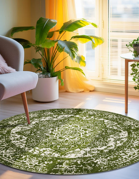 Green 10' x 10' Richmond Round Area Rug Vintage Distressed Look Traditional Design Carpet for Unique Home Interior Design for Sale at Rug Engine