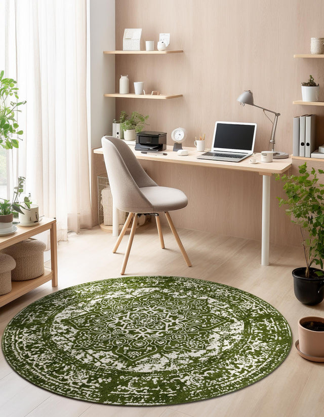 Green 10' x 10' Richmond Round Area Rug Vintage Distressed Look Traditional Design Carpet for Unique Home Interior Design for Sale at Rug Engine