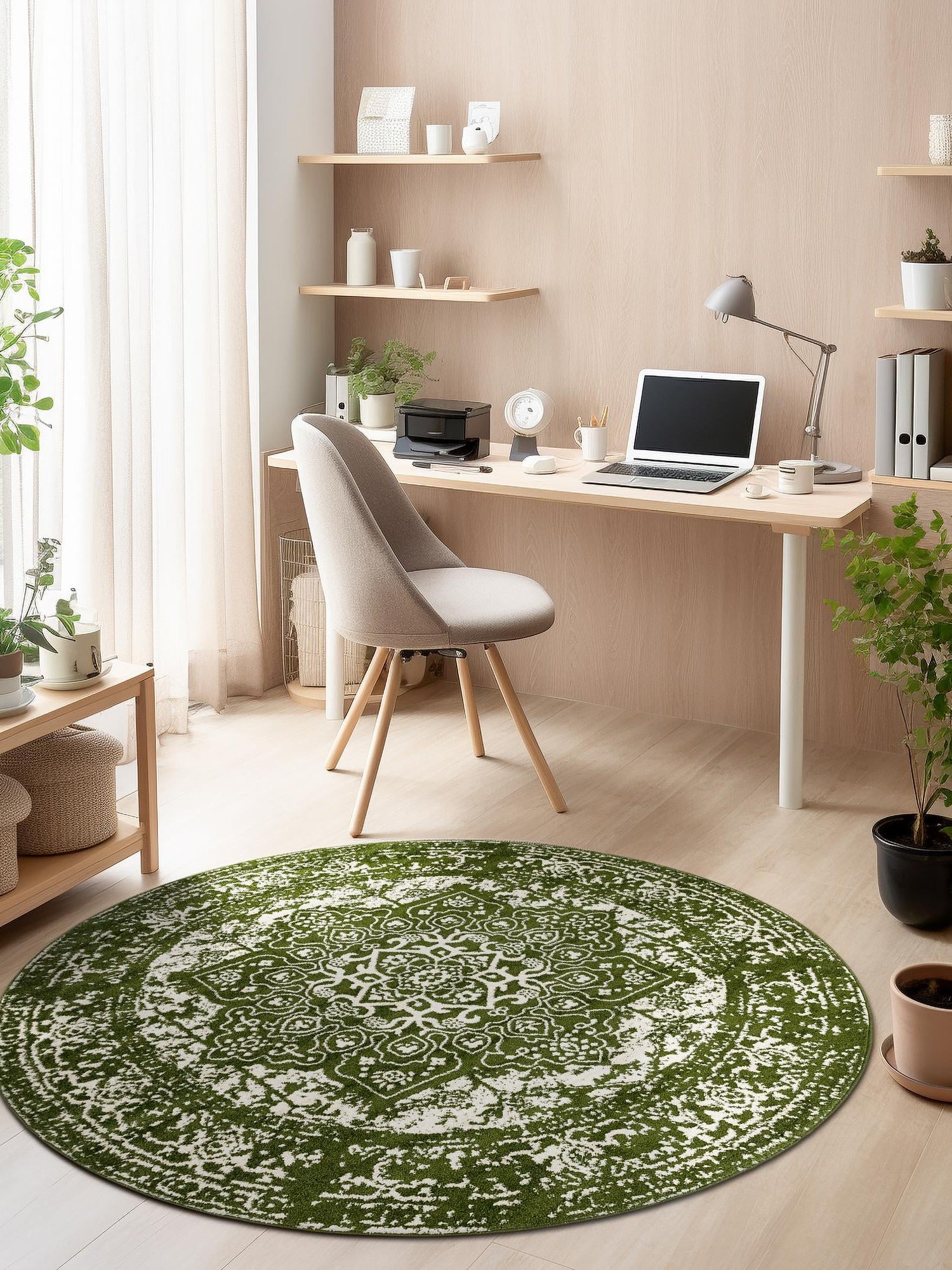 Green 7' 10 x 7' 10 Richmond Round Area Rug Vintage Distressed Look Traditional Design Carpet for Unique Home Interior Design for Sale at Rug Engine