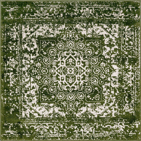 Green 4' 1 x 4' 1 Richmond Square Area Rug Vintage Distressed Look Traditional Design Carpet for Unique Home Interior Design for Sale at Rug Engine