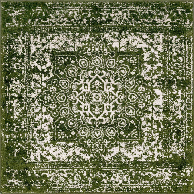 Green 4' 1 x 4' 1 Richmond Square Area Rug Vintage Distressed Look Traditional Design Carpet for Unique Home Interior Design for Sale at Rug Engine