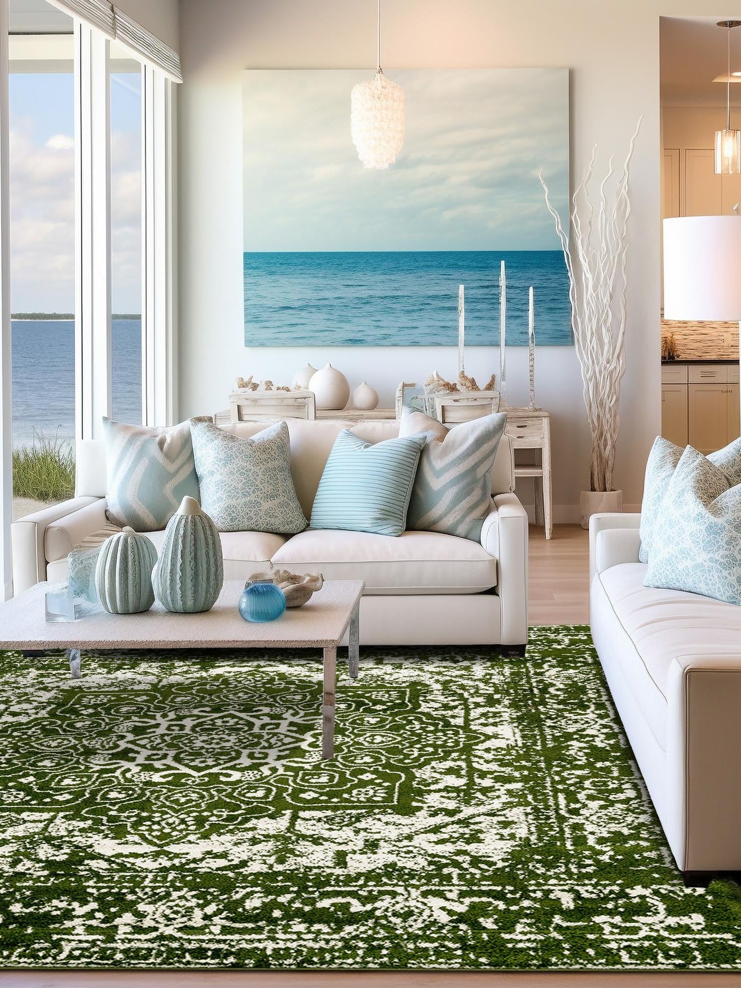 Green 10' x 10' Richmond Square Area Rug Vintage Distressed Look Traditional Design Carpet for Unique Home Interior Design for Sale at Rug Engine
