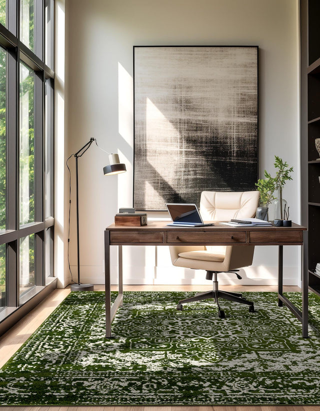 Green 5' 3 x 5' 3 Richmond Square Area Rug Vintage Distressed Look Traditional Design Carpet for Unique Home Interior Design for Sale at Rug Engine