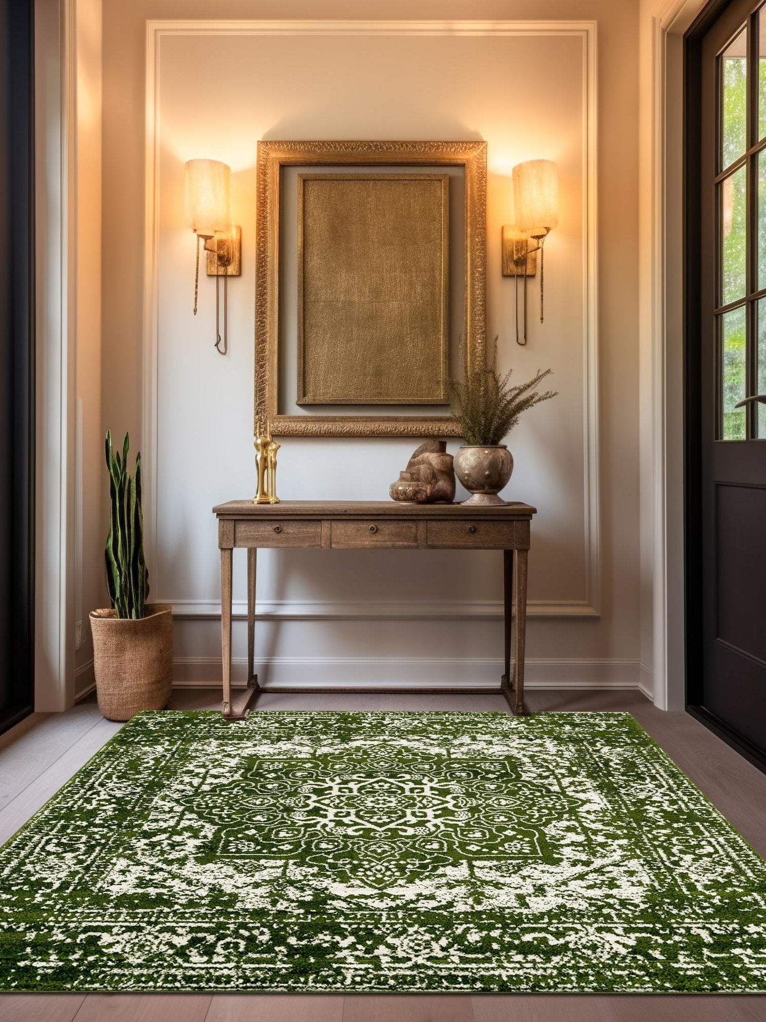 Green 7' 10 x 7' 10 Richmond Square Area Rug Vintage Distressed Look Traditional Design Carpet for Unique Home Interior Design for Sale at Rug Engine