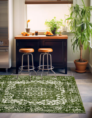Green 5' 3 x 5' 3 Richmond Square Area Rug Vintage Distressed Look Traditional Design Carpet for Unique Home Interior Design for Sale at Rug Engine