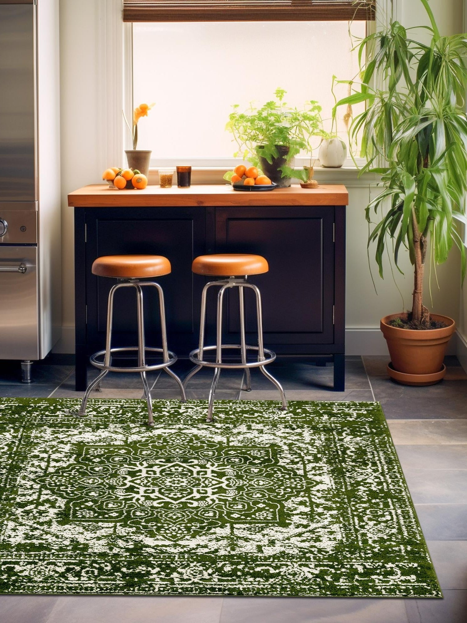 Green 4' 1 x 4' 1 Richmond Square Area Rug Vintage Distressed Look Traditional Design Carpet for Unique Home Interior Design for Sale at Rug Engine