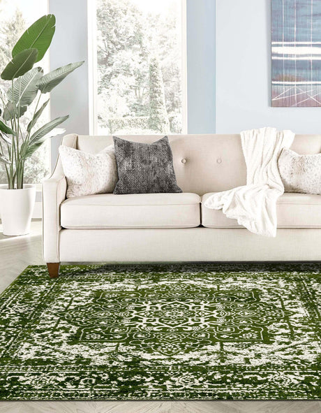 Green 12' x 12' Richmond Square Area Rug Vintage Distressed Look Traditional Design Carpet for Unique Home Interior Design for Sale at Rug Engine