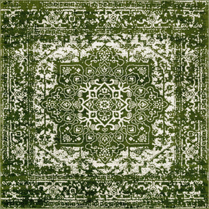 Green 7' 10 x 7' 10 Richmond Square Area Rug Vintage Distressed Look Traditional Design Carpet for Unique Home Interior Design for Sale at Rug Engine