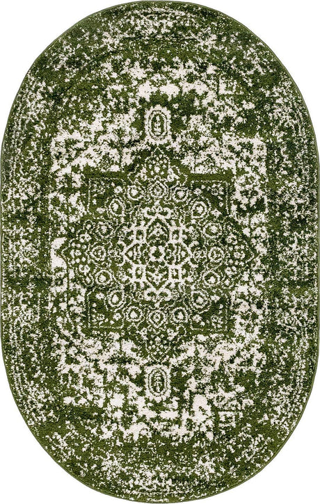 Green 3' 1 x 5' 3 Richmond Oval Area Rug Vintage Distressed Look Traditional Design Carpet for Unique Home Interior Design for Sale at Rug Engine