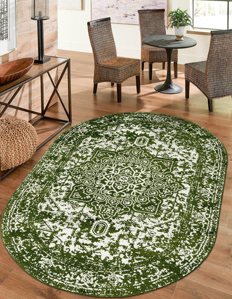 Green 3' 1 x 5' 3 Richmond Oval Area Rug Vintage Distressed Look Traditional Design Carpet for Unique Home Interior Design for Sale at Rug Engine