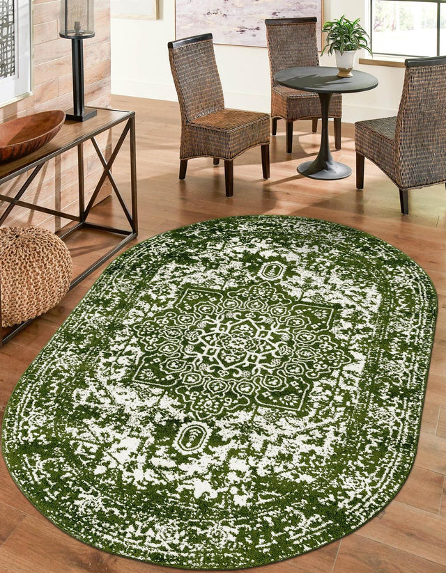 Green 5' 3 x 8' Richmond Oval Area Rug Vintage Distressed Look Traditional Design Carpet for Unique Home Interior Design for Sale at Rug Engine