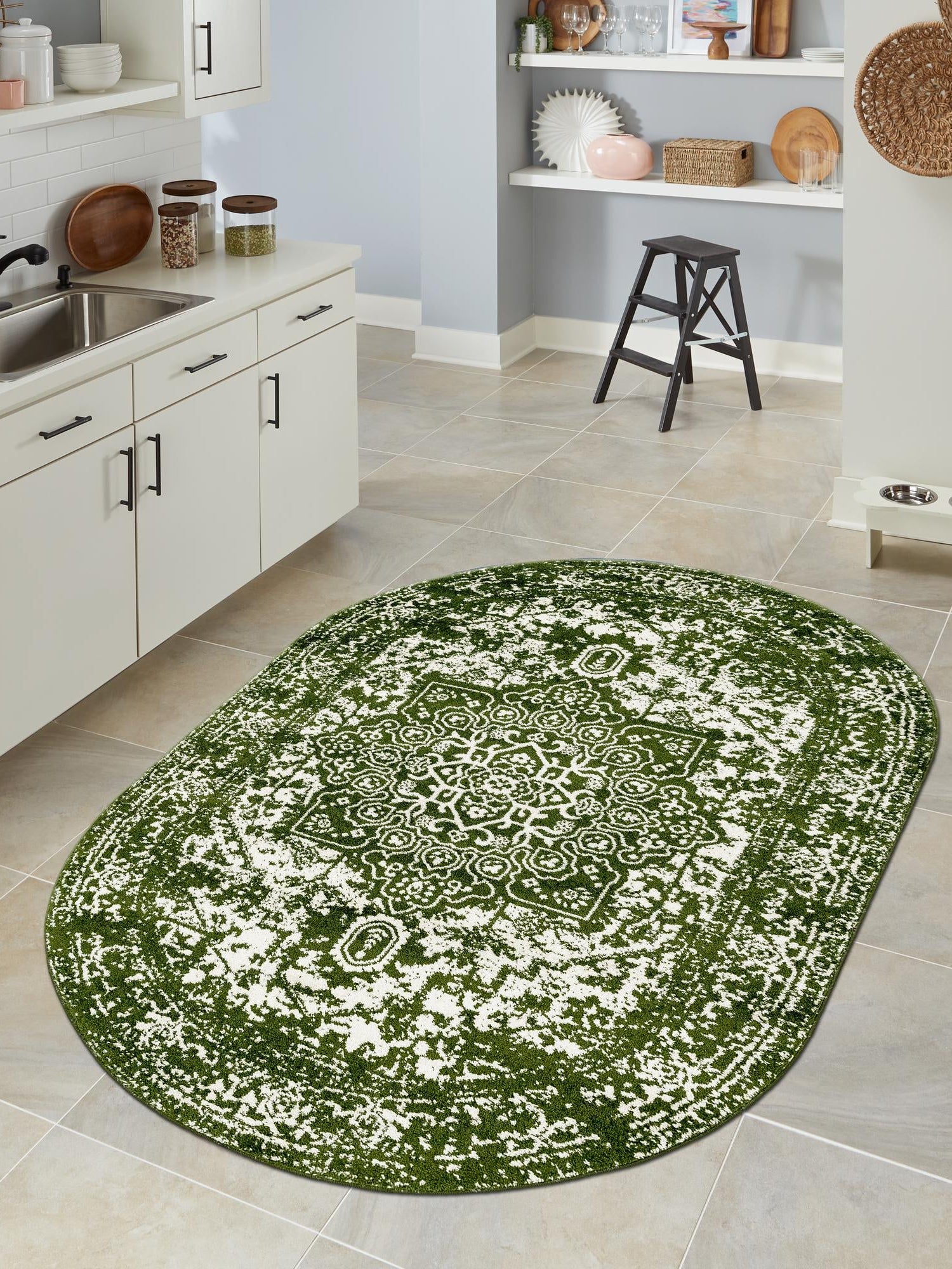Green 3' 1 x 5' 3 Richmond Oval Area Rug Vintage Distressed Look Traditional Design Carpet for Unique Home Interior Design for Sale at Rug Engine