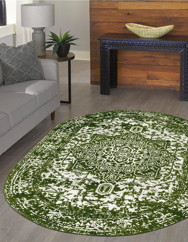 Green 5' 3 x 8' Richmond Oval Area Rug Vintage Distressed Look Traditional Design Carpet for Unique Home Interior Design for Sale at Rug Engine