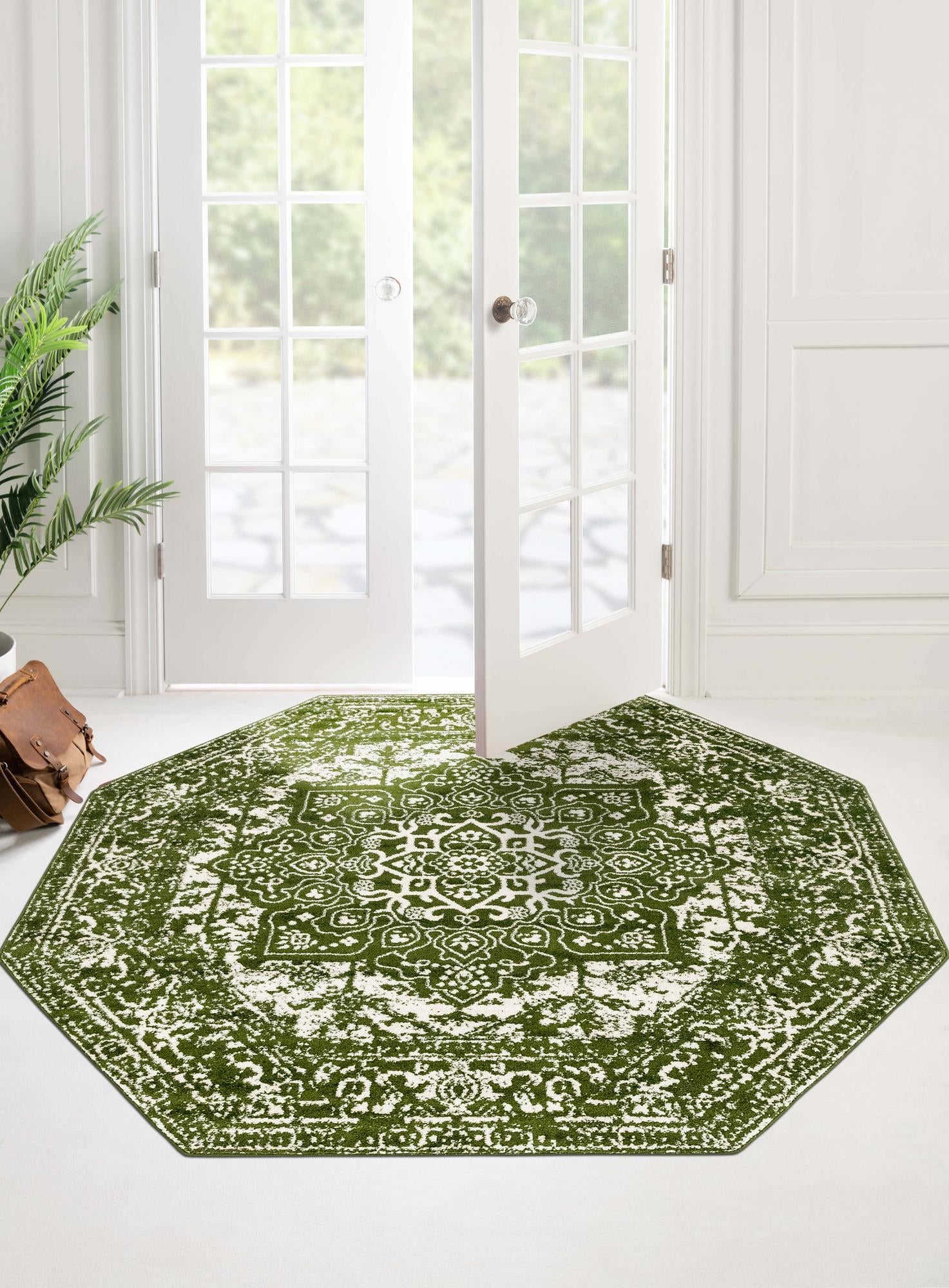 Green 7' 10 x 7' 10 Richmond Octagon Area Rug Vintage Distressed Look Traditional Design Carpet for Unique Home Interior Design for Sale at Rug Engine