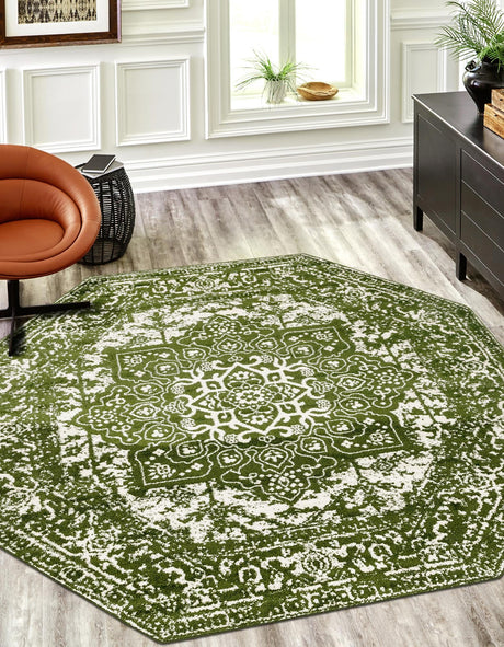 Green 5' 3 x 5' 3 Richmond Octagon Area Rug Vintage Distressed Look Traditional Design Carpet for Unique Home Interior Design for Sale at Rug Engine