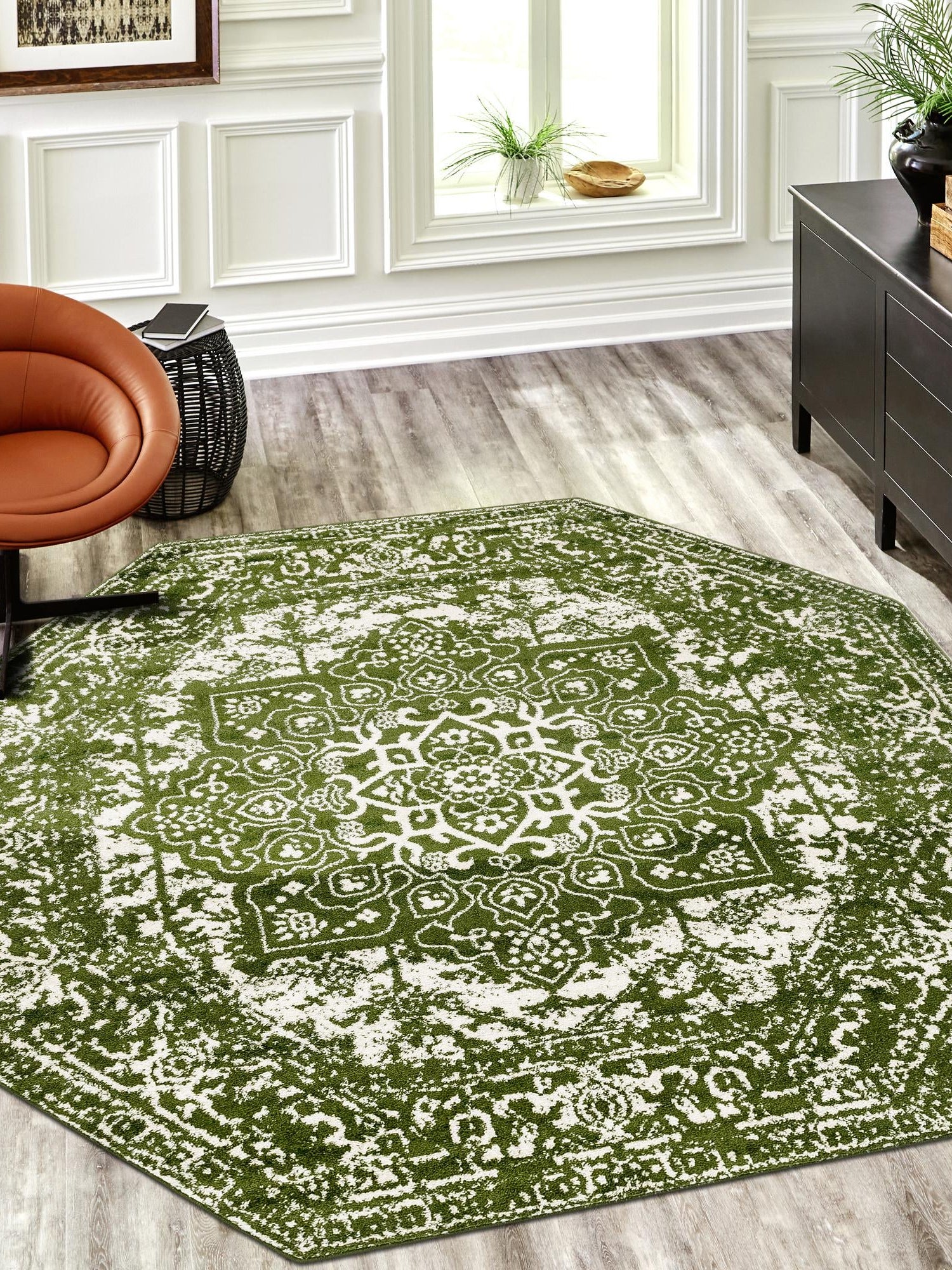 Green 7' 10 x 7' 10 Richmond Octagon Area Rug Vintage Distressed Look Traditional Design Carpet for Unique Home Interior Design for Sale at Rug Engine
