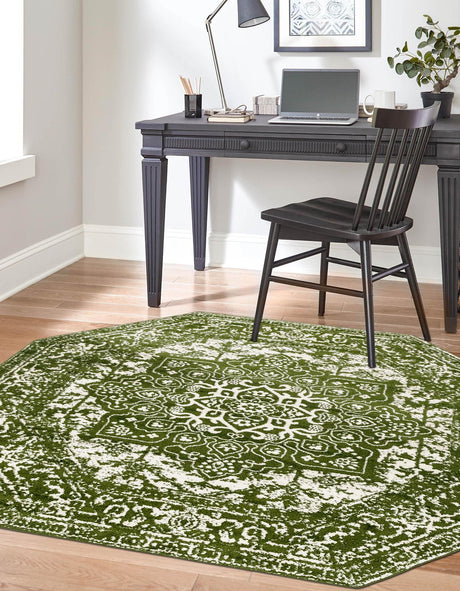 Green 5' 3 x 5' 3 Richmond Octagon Area Rug Vintage Distressed Look Traditional Design Carpet for Unique Home Interior Design for Sale at Rug Engine