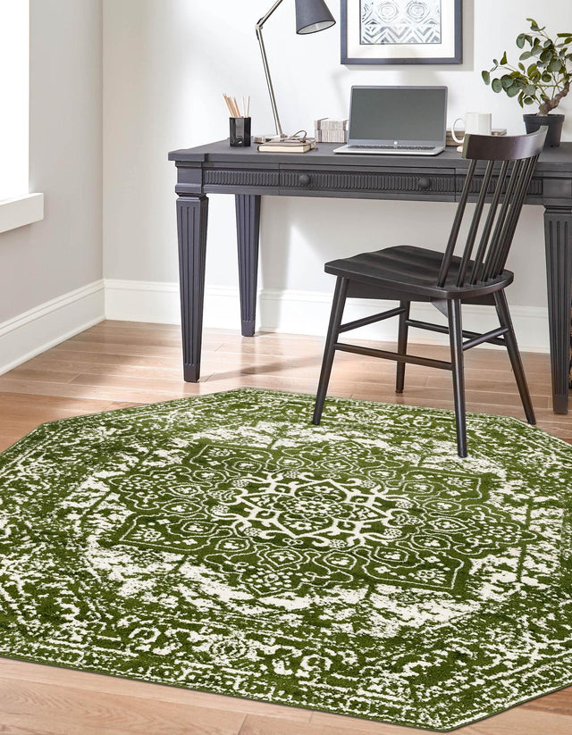 Green 5' 3 x 5' 3 Richmond Octagon Area Rug Vintage Distressed Look Traditional Design Carpet for Unique Home Interior Design for Sale at Rug Engine