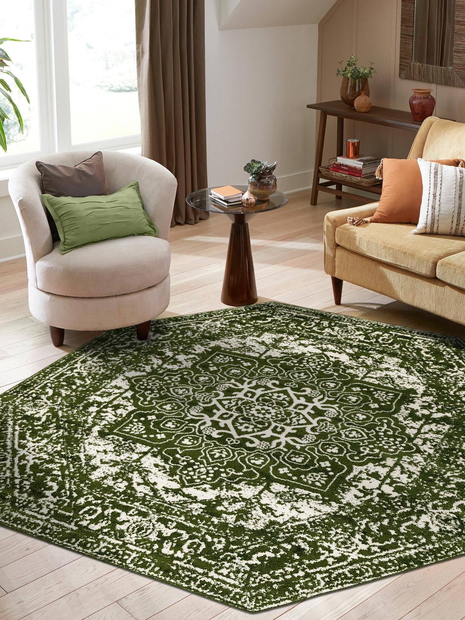 Green 7' 10 x 7' 10 Richmond Octagon Area Rug Vintage Distressed Look Traditional Design Carpet for Unique Home Interior Design for Sale at Rug Engine