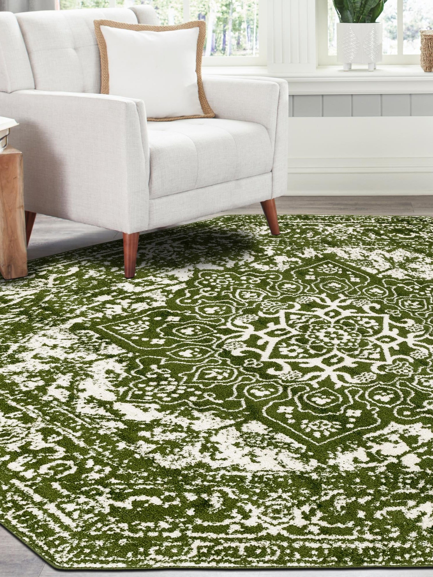 Green 7' 10 x 7' 10 Richmond Octagon Area Rug Vintage Distressed Look Traditional Design Carpet for Unique Home Interior Design for Sale at Rug Engine