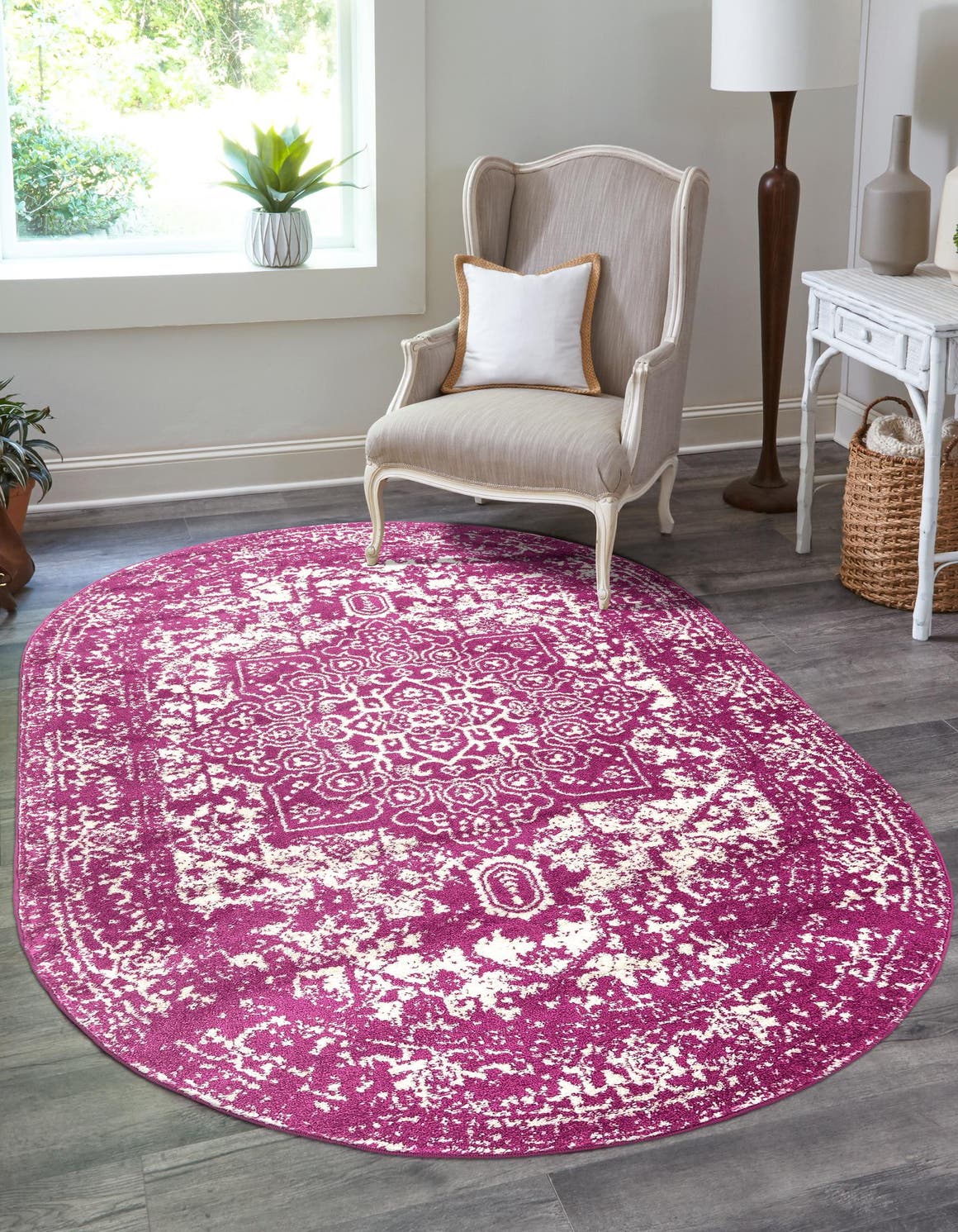 Purple 7' 10 x 10' Richmond Oval Area Rug Vintage Distressed Look Traditional Design Carpet for Unique Home Interior Design for Sale at Rug Engine