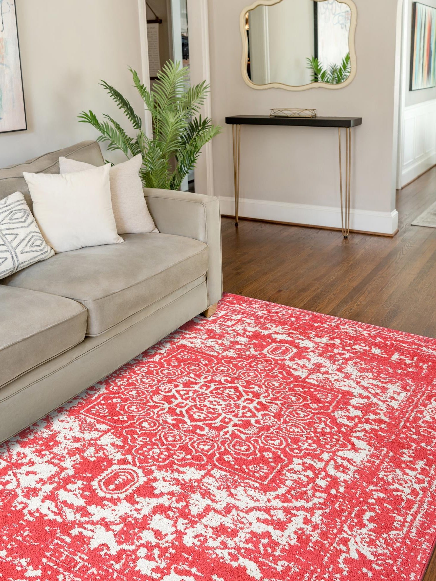 Pink 4' 1 x 6' 1 Richmond Rectangle Area Rug Vintage Distressed Look Traditional Design Carpet for Unique Home Interior Design for Sale at Rug Engine