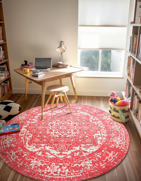 Pink 3' 1 x 3' 1 Richmond Round Area Rug Vintage Distressed Look Traditional Design Carpet for Unique Home Interior Design for Sale at Rug Engine
