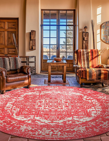 Pink 7' 10 x 7' 10 Richmond Round Area Rug Vintage Distressed Look Traditional Design Carpet for Unique Home Interior Design for Sale at Rug Engine