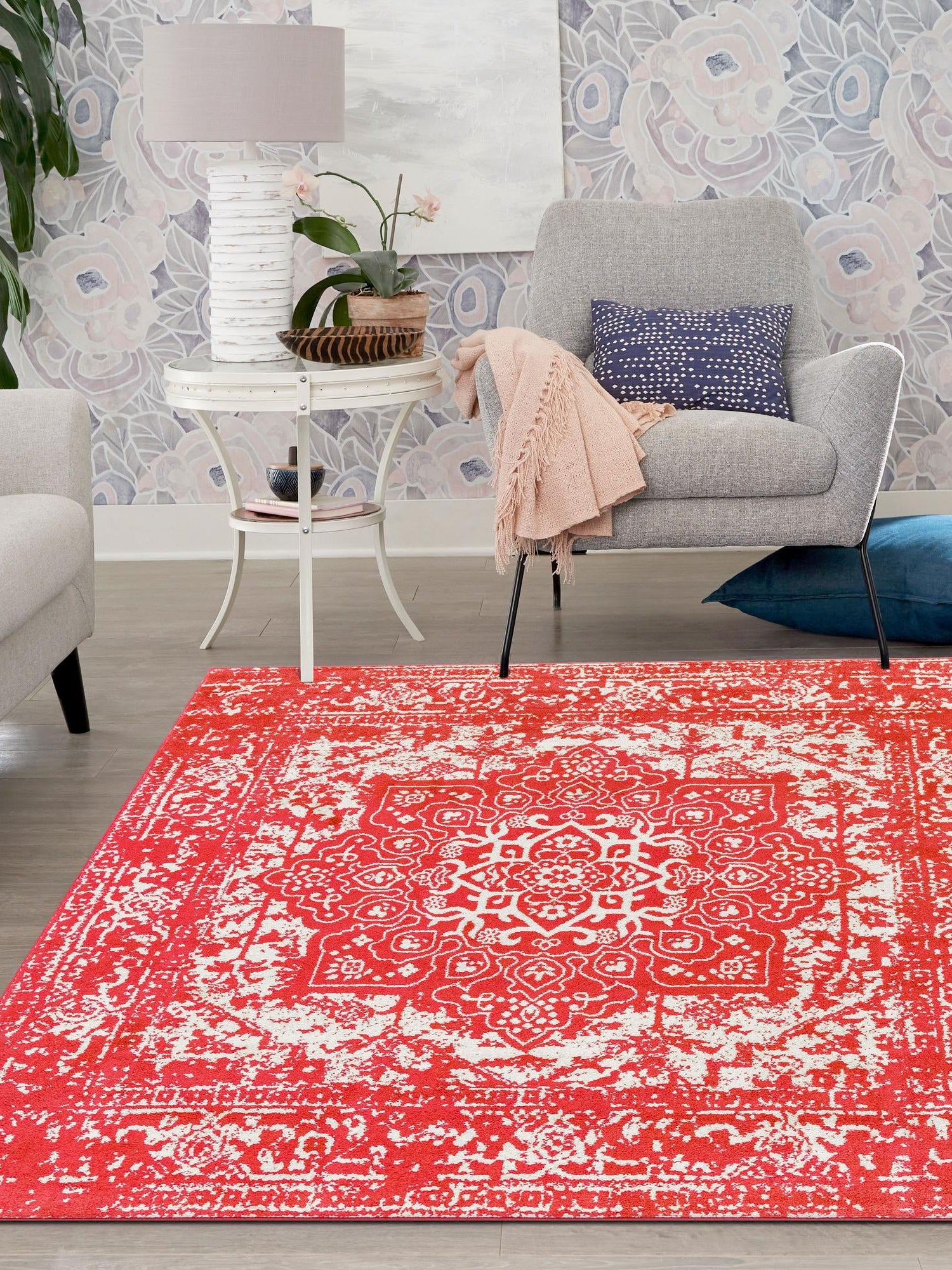 Pink 5' 3 x 5' 3 Richmond Square Area Rug Vintage Distressed Look Traditional Design Carpet for Unique Home Interior Design for Sale at Rug Engine