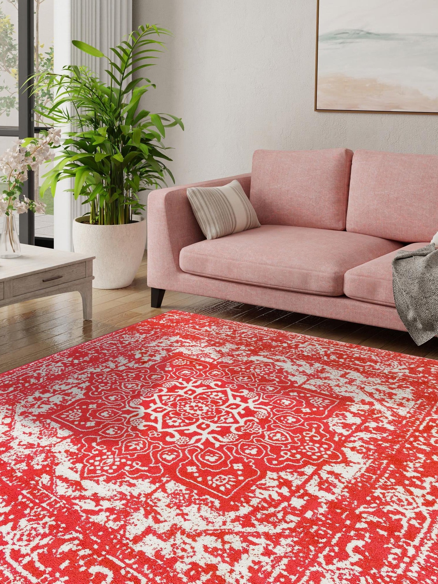 Pink 5' 3 x 5' 3 Richmond Square Area Rug Vintage Distressed Look Traditional Design Carpet for Unique Home Interior Design for Sale at Rug Engine
