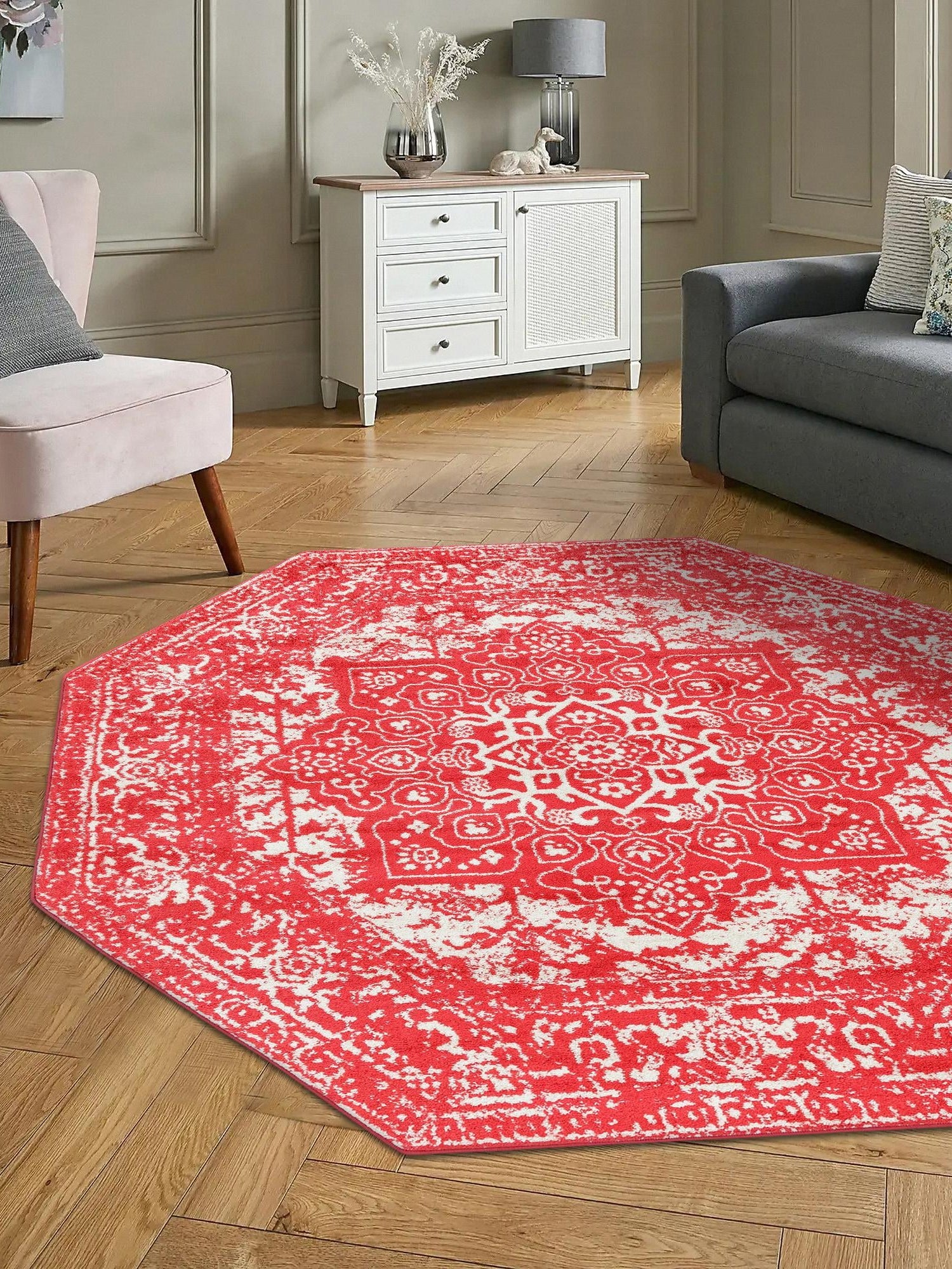 Pink 5' 3 x 5' 3 Richmond Octagon Area Rug Vintage Distressed Look Traditional Design Carpet for Unique Home Interior Design for Sale at Rug Engine