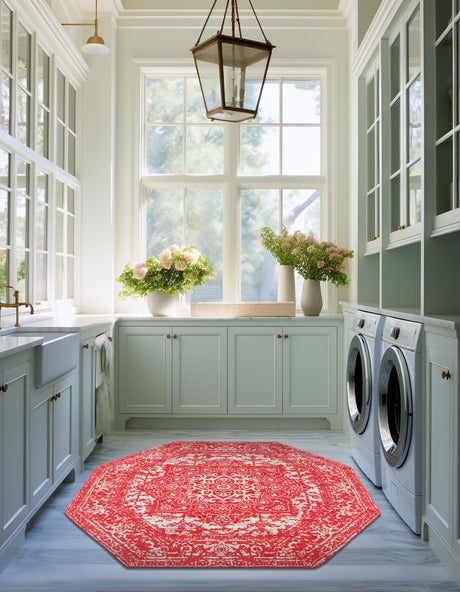 Pink 7' 10 x 7' 10 Richmond Octagon Area Rug Vintage Distressed Look Traditional Design Carpet for Unique Home Interior Design for Sale at Rug Engine
