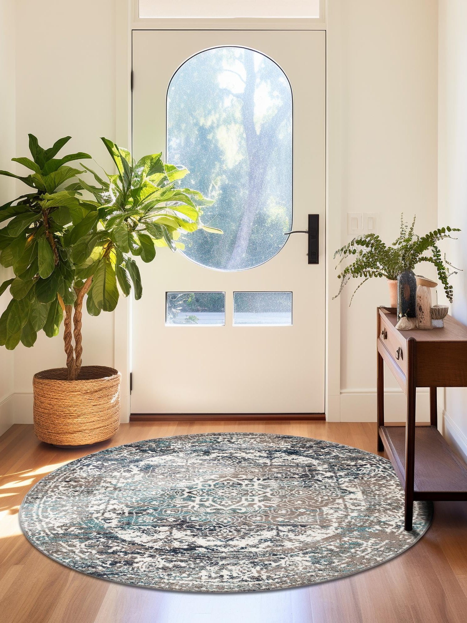 Gray 7' 10 x 7' 10 Richmond Round Area Rug Vintage Distressed Look Traditional Design Carpet for Unique Home Interior Design for Sale at Rug Engine