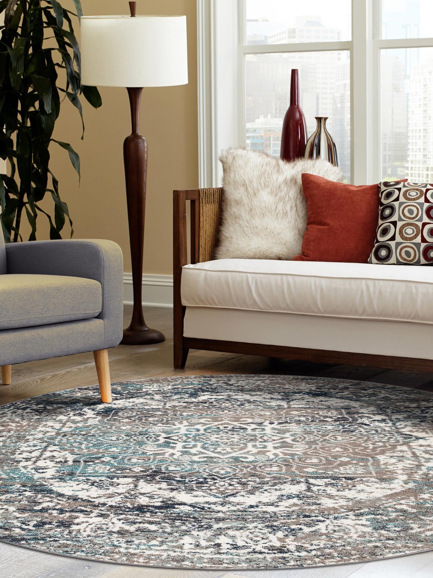 Gray 7' 10 x 7' 10 Richmond Round Area Rug Vintage Distressed Look Traditional Design Carpet for Unique Home Interior Design for Sale at Rug Engine
