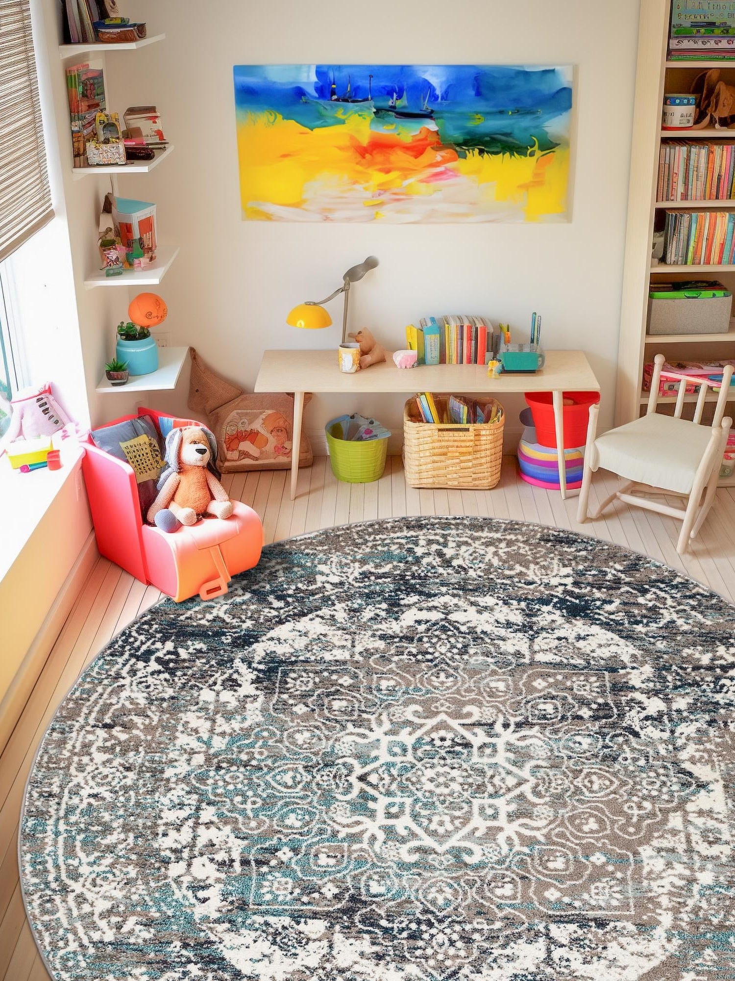 Gray 5' 3 x 5' 3 Richmond Round Area Rug Vintage Distressed Look Traditional Design Carpet for Unique Home Interior Design for Sale at Rug Engine