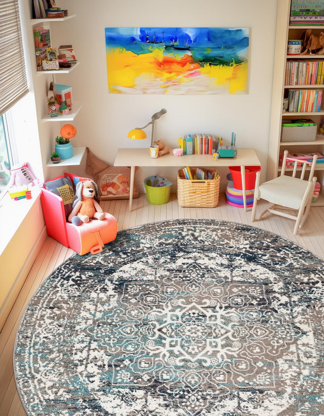 Gray 7' 10 x 7' 10 Richmond Round Area Rug Vintage Distressed Look Traditional Design Carpet for Unique Home Interior Design for Sale at Rug Engine