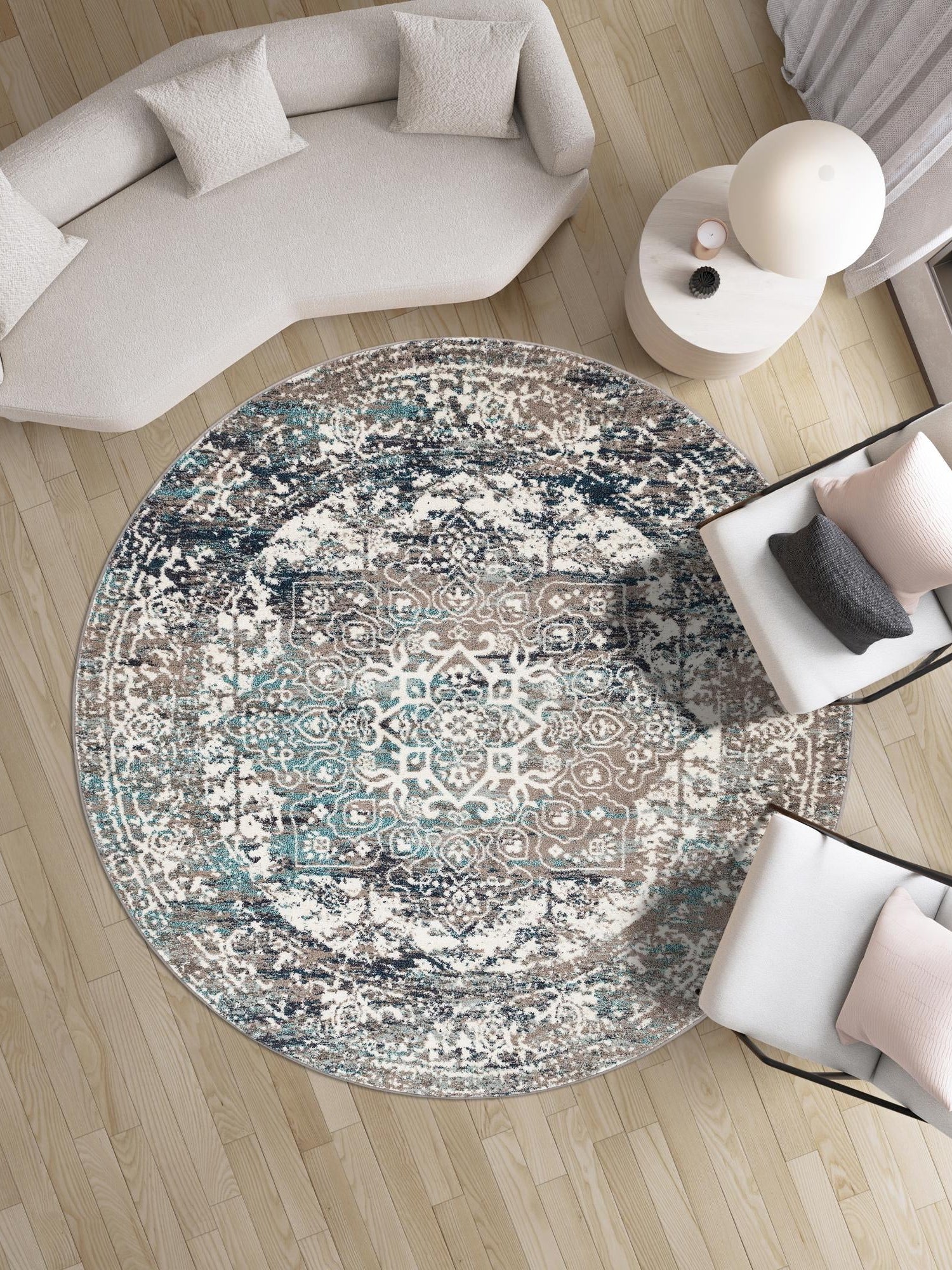 Gray 7' 10 x 7' 10 Richmond Round Area Rug Vintage Distressed Look Traditional Design Carpet for Unique Home Interior Design for Sale at Rug Engine