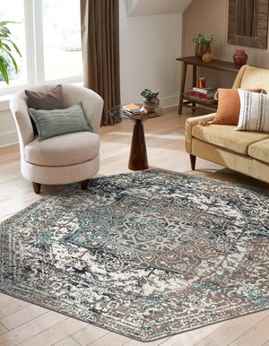 Gray 5' 3 x 5' 3 Richmond Octagon Area Rug Vintage Distressed Look Traditional Design Carpet for Unique Home Interior Design for Sale at Rug Engine